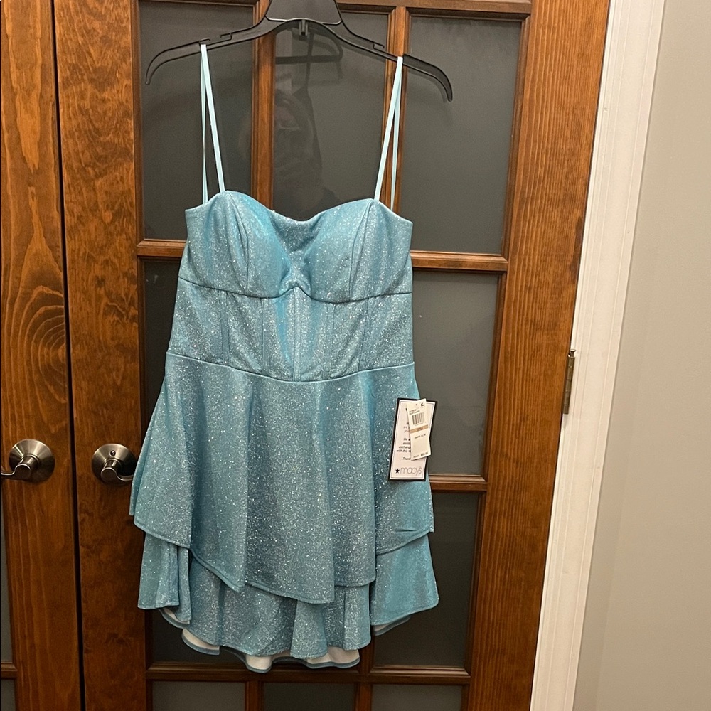 B Darlin Strapless Blue Glitter Dress